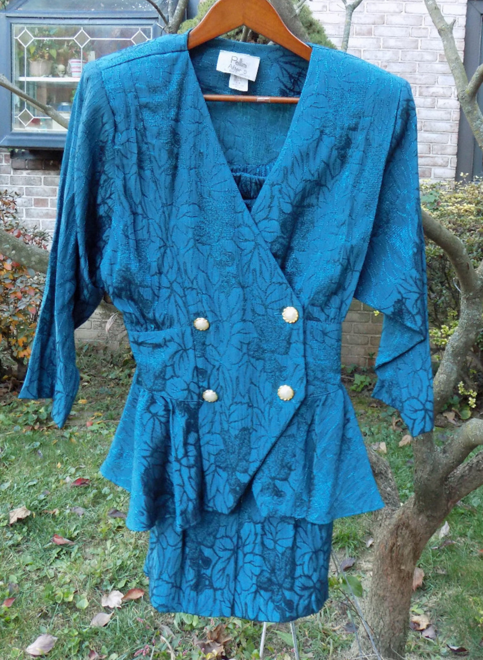 Vtg Pellini after five Suit Blazer Jacket pleated Skirt Sz 7/8 Teal Silky Floral
